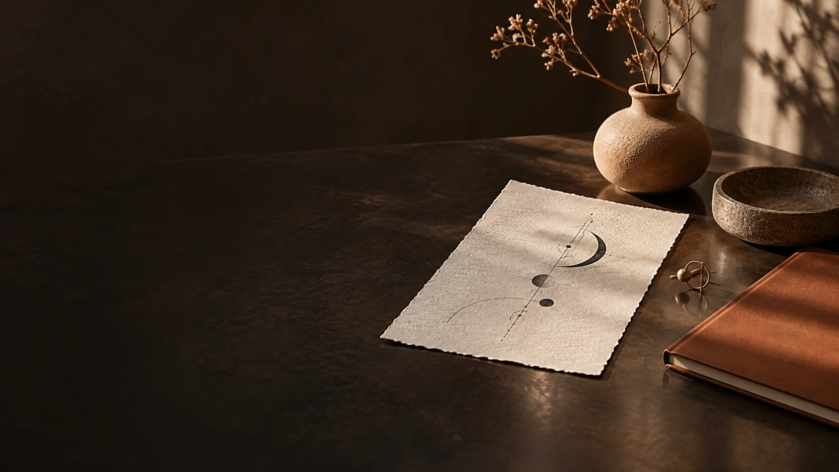 Papel texturizado, desenho abstrato e joia em composição conceitual.